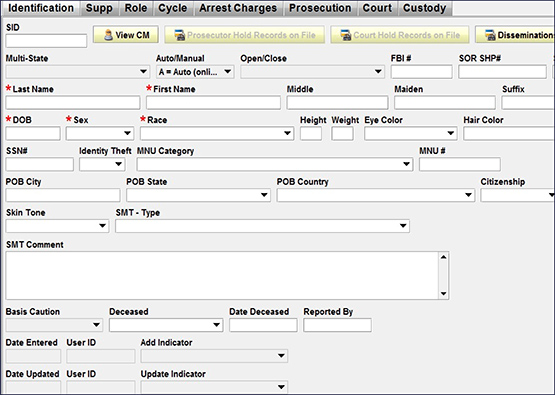 identification tab for the OpenFox® Criminal History Application system