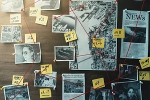 crime scenes and evidence with red threads