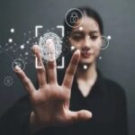 women using fingerprint on virtual screen