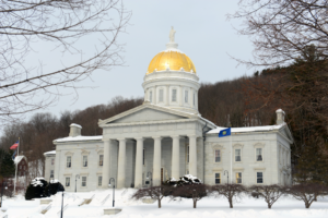 Vermont state capitol building covered in snow