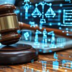 gavel on wooden desk with digital legal icons