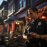 Police officer standing in front of building looking at cell phone.